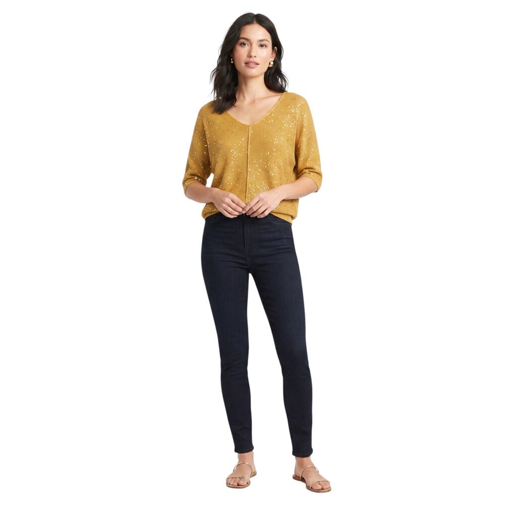 WD.NY Gold Sequin V-Neck Sweater Large